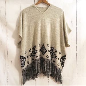 Southwestern Aztec Boho Fringed Poncho Hoodie OS